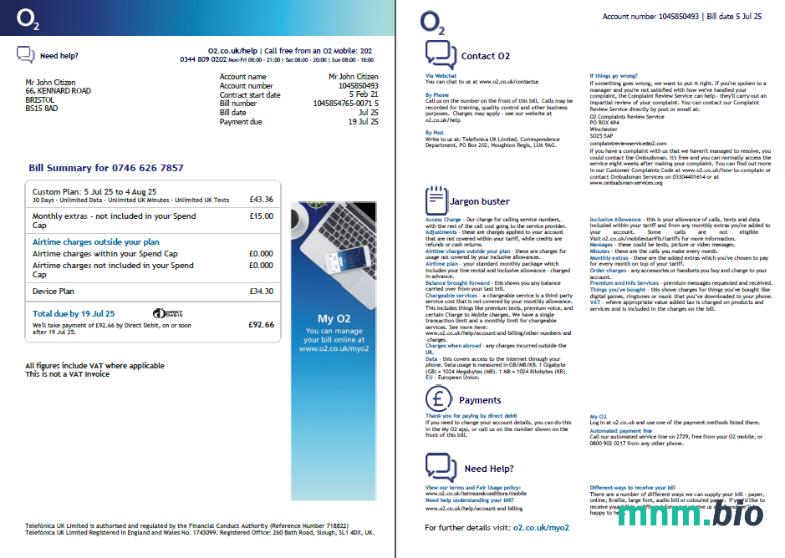 Szablon rachunku za media USA O2 w formatach Word i PDF, 2 strony, Wersja 3